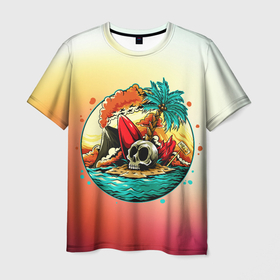 Мужская футболка 3D с принтом Необитаемый остров в Санкт-Петербурге, 100% полиэфир | прямой крой, круглый вырез горловины, длина до линии бедер | Тематика изображения на принте: арт | вулкан | графика | лето | море | пальмы | череп
