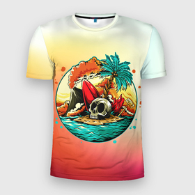 Мужская футболка 3D спортивная с принтом Необитаемый остров в Курске, 100% полиэстер с улучшенными характеристиками | приталенный силуэт, круглая горловина, широкие плечи, сужается к линии бедра | арт | вулкан | графика | лето | море | пальмы | череп