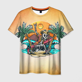 Мужская футболка 3D с принтом Пати на острове в Кировске, 100% полиэфир | прямой крой, круглый вырез горловины, длина до линии бедер | арт | графика | лето | море | остров | пальмы | пляж | скелет | череп