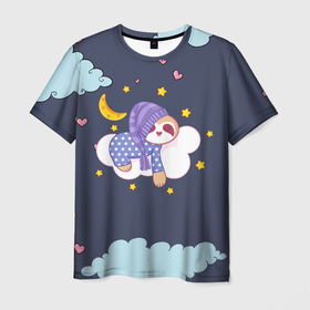 Мужская футболка 3D с принтом Сонный ленивец в Белгороде, 100% полиэфир | прямой крой, круглый вырез горловины, длина до линии бедер | звездочки | ленивец | лень | луна | месяц | ночная | ночь | сон | сонный | спокойной ночи