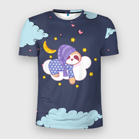 Мужская футболка 3D спортивная с принтом Сонный ленивец в Тюмени, 100% полиэстер с улучшенными характеристиками | приталенный силуэт, круглая горловина, широкие плечи, сужается к линии бедра | звездочки | ленивец | лень | луна | месяц | ночная | ночь | сон | сонный | спокойной ночи