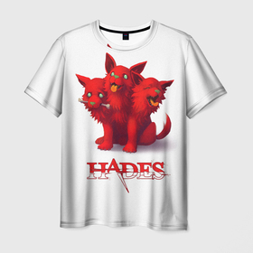 Мужская футболка 3D с принтом Hades wolf в Курске, 100% полиэфир | прямой крой, круглый вырез горловины, длина до линии бедер | Тематика изображения на принте: hades | puppy | red | roguelike | three headed | wolf | бесконечные круги ада | волк | компьютерная игра | красный | трехглавый | щенок