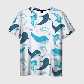 Мужская футболка 3D с принтом Киты и тюлени в Санкт-Петербурге, 100% полиэфир | прямой крой, круглый вырез горловины, длина до линии бедер | whale | белый кит | кит | киты | корабли | кораблики | маяк | морские | паттерн | синий кит | чайки