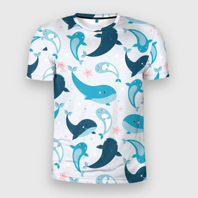 Мужская футболка 3D спортивная с принтом Киты и тюлени в Екатеринбурге, 100% полиэстер с улучшенными характеристиками | приталенный силуэт, круглая горловина, широкие плечи, сужается к линии бедра | whale | белый кит | кит | киты | корабли | кораблики | маяк | морские | паттерн | синий кит | чайки