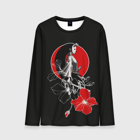 Мужской лонгслив 3D с принтом Девушка кошка самурай , 100% полиэстер | длинные рукава, круглый вырез горловины, полуприлегающий силуэт | catgirl | алые цветы | аниме | бакэнэко | девушка кошка | кошачьи уши | маска | нэко | онна бугэйся | самурай | цветы | япония