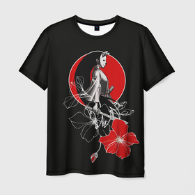 Мужская футболка 3D с принтом Девушка кошка самурай в Екатеринбурге, 100% полиэфир | прямой крой, круглый вырез горловины, длина до линии бедер | catgirl | алые цветы | аниме | бакэнэко | девушка кошка | кошачьи уши | маска | нэко | онна бугэйся | самурай | цветы | япония