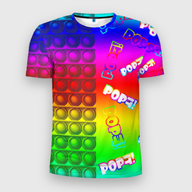 Мужская футболка 3D спортивная с принтом POP it! в Екатеринбурге, 100% полиэстер с улучшенными характеристиками | приталенный силуэт, круглая горловина, широкие плечи, сужается к линии бедра | Тематика изображения на принте: pop it | rainbow | simple dimple | toy | игрушка | поп ит | радуга | симпл димпл