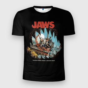 Мужская футболка 3D Slim с принтом Jaws cinema в Курске, 100% полиэстер с улучшенными характеристиками | приталенный силуэт, круглая горловина, широкие плечи, сужается к линии бедра | jaws | jaws 2 | jaws movie | кино | челюсти | челюсти 2 | челюсти фильм