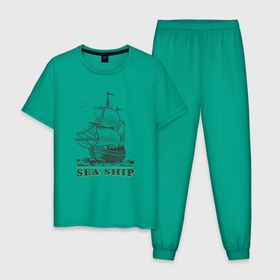 Мужская пижама хлопок с принтом Корабль в Курске, 100% хлопок | брюки и футболка прямого кроя, без карманов, на брюках мягкая резинка на поясе и по низу штанин
 | ship | ships | whale | кит | киты | корабли | кораблики | корабль | море | морские | морское