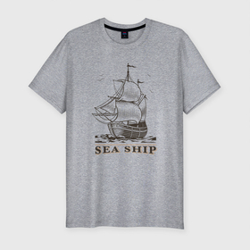 Мужская футболка хлопок Slim с принтом Корабль в Белгороде, 92% хлопок, 8% лайкра | приталенный силуэт, круглый вырез ворота, длина до линии бедра, короткий рукав | ship | ships | whale | кит | киты | корабли | кораблики | корабль | море | морские | морское