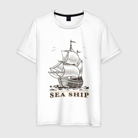 Мужская футболка хлопок с принтом Корабль в Курске, 100% хлопок | прямой крой, круглый вырез горловины, длина до линии бедер, слегка спущенное плечо. | ship | ships | whale | кит | киты | корабли | кораблики | корабль | море | морские | морское