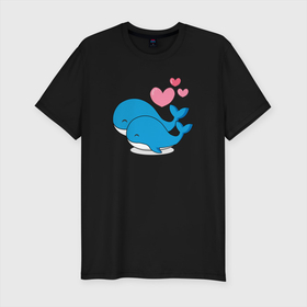 Мужская футболка хлопок Slim с принтом Влюбленные киты , 92% хлопок, 8% лайкра | приталенный силуэт, круглый вырез ворота, длина до линии бедра, короткий рукав | whale | белый кит | влюбленные | кит | киты | морские | паттерн | сердце | синий кит