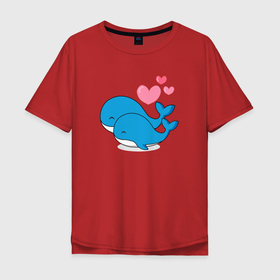 Мужская футболка хлопок Oversize с принтом Влюбленные киты в Тюмени, 100% хлопок | свободный крой, круглый ворот, “спинка” длиннее передней части | whale | белый кит | влюбленные | кит | киты | морские | паттерн | сердце | синий кит