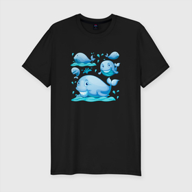 Мужская футболка хлопок Slim с принтом Киты , 92% хлопок, 8% лайкра | приталенный силуэт, круглый вырез ворота, длина до линии бедра, короткий рукав | whale | белый кит | кит | киты | морские | паттерн | синий кит