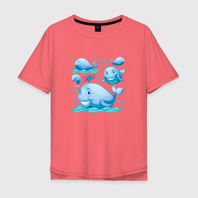 Мужская футболка хлопок Oversize с принтом Киты в Тюмени, 100% хлопок | свободный крой, круглый ворот, “спинка” длиннее передней части | whale | белый кит | кит | киты | морские | паттерн | синий кит