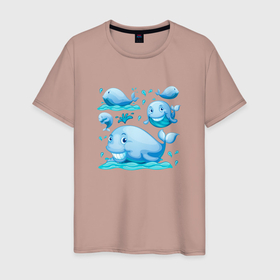 Мужская футболка хлопок с принтом Киты в Тюмени, 100% хлопок | прямой крой, круглый вырез горловины, длина до линии бедер, слегка спущенное плечо. | whale | белый кит | кит | киты | морские | паттерн | синий кит