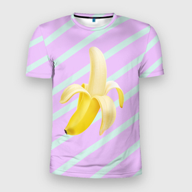 Мужская футболка 3D Slim с принтом Банан графический фон в Новосибирске, 100% полиэстер с улучшенными характеристиками | приталенный силуэт, круглая горловина, широкие плечи, сужается к линии бедра | банан | геометрический принт | графический принт | лавандовый | летний | лето | мятный | полоска | принт