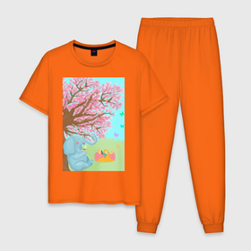 Мужская пижама хлопок с принтом слоненок на пикнике в Белгороде, 100% хлопок | брюки и футболка прямого кроя, без карманов, на брюках мягкая резинка на поясе и по низу штанин
 | бабочки | весна | дерево | животное | зеленый | корзина | кофе | лето | листья.детская иллюстрация | небо | отдых | рисунок | розовый | сакура | слон | слоненок | фрукты | чай