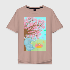 Мужская футболка хлопок Oversize с принтом слоненок на пикнике в Курске, 100% хлопок | свободный крой, круглый ворот, “спинка” длиннее передней части | бабочки | весна | дерево | животное | зеленый | корзина | кофе | лето | листья.детская иллюстрация | небо | отдых | рисунок | розовый | сакура | слон | слоненок | фрукты | чай