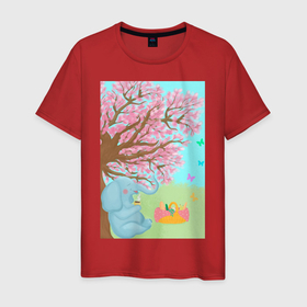 Мужская футболка хлопок с принтом слоненок на пикнике в Белгороде, 100% хлопок | прямой крой, круглый вырез горловины, длина до линии бедер, слегка спущенное плечо. | бабочки | весна | дерево | животное | зеленый | корзина | кофе | лето | листья.детская иллюстрация | небо | отдых | рисунок | розовый | сакура | слон | слоненок | фрукты | чай