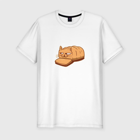 Мужская футболка хлопок Slim с принтом Кот хлеб - Bread Cat в Екатеринбурге, 92% хлопок, 8% лайкра | приталенный силуэт, круглый вырез ворота, длина до линии бедра, короткий рукав | kitten | kitty | meme | memes | puss | pussy | pussycat | батон | булка | булочка | киса | киска | кисуля | кот из мема | котёнок | котик | котята | кошка | мем | мемас | мемчик | не еш подумой | не ешь подумай | нееште меня | 