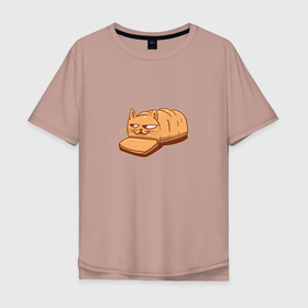 Мужская футболка хлопок Oversize с принтом Кот хлеб - Bread Cat в Санкт-Петербурге, 100% хлопок | свободный крой, круглый ворот, “спинка” длиннее передней части | kitten | kitty | meme | memes | puss | pussy | pussycat | батон | булка | булочка | киса | киска | кисуля | кот из мема | котёнок | котик | котята | кошка | мем | мемас | мемчик | не еш подумой | не ешь подумай | нееште меня | 