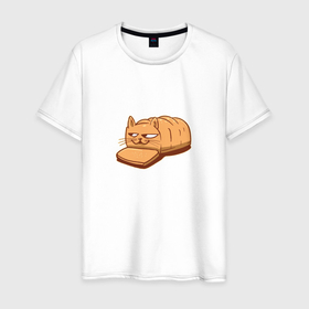 Мужская футболка хлопок с принтом Кот хлеб - Bread Cat в Екатеринбурге, 100% хлопок | прямой крой, круглый вырез горловины, длина до линии бедер, слегка спущенное плечо. | kitten | kitty | meme | memes | puss | pussy | pussycat | батон | булка | булочка | киса | киска | кисуля | кот из мема | котёнок | котик | котята | кошка | мем | мемас | мемчик | не еш подумой | не ешь подумай | нееште меня | 