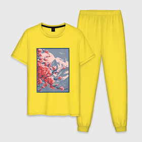 Мужская пижама хлопок с принтом Цветение Сакуры на фоне Фудзи в Тюмени, 100% хлопок | брюки и футболка прямого кроя, без карманов, на брюках мягкая резинка на поясе и по низу штанин
 | Тематика изображения на принте: cherry blossom | fuji | japan | japanese | landscape | painting | plum | sakura | вишня в цвету | гора фудзи | горный пейзаж | живопись | искусство | картина | краска | краски | настоящая картина | пейзаж | рисунок | сакура | слива