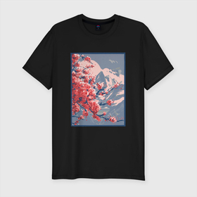 Мужская футболка хлопок Slim с принтом Цветение Сакуры на фоне Фудзи , 92% хлопок, 8% лайкра | приталенный силуэт, круглый вырез ворота, длина до линии бедра, короткий рукав | cherry blossom | fuji | japan | japanese | landscape | painting | plum | sakura | вишня в цвету | гора фудзи | горный пейзаж | живопись | искусство | картина | краска | краски | настоящая картина | пейзаж | рисунок | сакура | слива