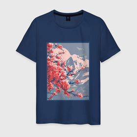 Мужская футболка хлопок с принтом Цветение Сакуры на фоне Фудзи в Новосибирске, 100% хлопок | прямой крой, круглый вырез горловины, длина до линии бедер, слегка спущенное плечо. | cherry blossom | fuji | japan | japanese | landscape | painting | plum | sakura | вишня в цвету | гора фудзи | горный пейзаж | живопись | искусство | картина | краска | краски | настоящая картина | пейзаж | рисунок | сакура | слива