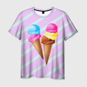 Мужская футболка 3D с принтом Мороженое  графический фон в Тюмени, 100% полиэфир | прямой крой, круглый вырез горловины, длина до линии бедер | геометрический принт | графический принт | лавандовый | летний | лето | мороженое | мятный | полоска | принт