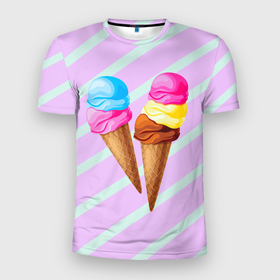 Мужская футболка 3D Slim с принтом Мороженое  графический фон , 100% полиэстер с улучшенными характеристиками | приталенный силуэт, круглая горловина, широкие плечи, сужается к линии бедра | геометрический принт | графический принт | лавандовый | летний | лето | мороженое | мятный | полоска | принт