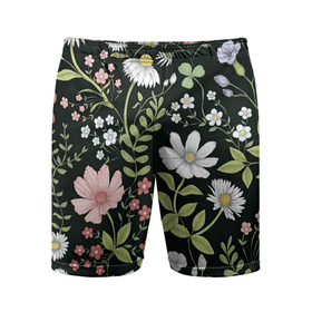 Мужские шорты спортивные с принтом Полевые цветы в Тюмени,  |  | арт | ночь | поле | полевые цветы | рисунок | ромашка | ромашки | тёмный фон | цветок | цветы | чёрное | яркие цветы | яркий цветок