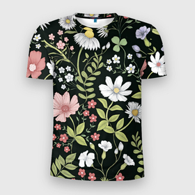 Мужская футболка 3D Slim с принтом Полевые цветы в Тюмени, 100% полиэстер с улучшенными характеристиками | приталенный силуэт, круглая горловина, широкие плечи, сужается к линии бедра | арт | ночь | поле | полевые цветы | рисунок | ромашка | ромашки | тёмный фон | цветок | цветы | чёрное | яркие цветы | яркий цветок
