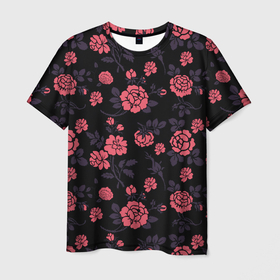 Мужская футболка 3D с принтом Ночные розы в Курске, 100% полиэфир | прямой крой, круглый вырез горловины, длина до линии бедер | арт | красная роза | красные розы | ночь | рисунок | роза | розовая роза | розовые розы | розы | тёмный фон | цветок | цветы | чёрное | яркие цветы | яркий цветок