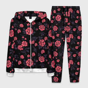 Мужской костюм 3D с принтом Ночные розы в Курске, 100% полиэстер | Манжеты и пояс оформлены тканевой резинкой, двухслойный капюшон со шнурком для регулировки, карманы спереди | арт | красная роза | красные розы | ночь | рисунок | роза | розовая роза | розовые розы | розы | тёмный фон | цветок | цветы | чёрное | яркие цветы | яркий цветок