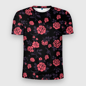 Мужская футболка 3D Slim с принтом Ночные розы в Екатеринбурге, 100% полиэстер с улучшенными характеристиками | приталенный силуэт, круглая горловина, широкие плечи, сужается к линии бедра | Тематика изображения на принте: арт | красная роза | красные розы | ночь | рисунок | роза | розовая роза | розовые розы | розы | тёмный фон | цветок | цветы | чёрное | яркие цветы | яркий цветок