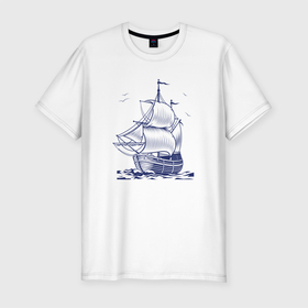 Мужская футболка хлопок Slim с принтом Корабль в Курске, 92% хлопок, 8% лайкра | приталенный силуэт, круглый вырез ворота, длина до линии бедра, короткий рукав | ships | whale | кит | киты | корабли | кораблики | корабль | море | морские | морское | паруса | чайки