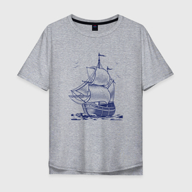 Мужская футболка хлопок Oversize с принтом Корабль в Тюмени, 100% хлопок | свободный крой, круглый ворот, “спинка” длиннее передней части | ships | whale | кит | киты | корабли | кораблики | корабль | море | морские | морское | паруса | чайки