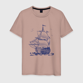 Мужская футболка хлопок с принтом Корабль в Санкт-Петербурге, 100% хлопок | прямой крой, круглый вырез горловины, длина до линии бедер, слегка спущенное плечо. | Тематика изображения на принте: ships | whale | кит | киты | корабли | кораблики | корабль | море | морские | морское | паруса | чайки