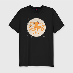 Мужская футболка хлопок Slim с принтом Осьминог в наушниках в Курске, 92% хлопок, 8% лайкра | приталенный силуэт, круглый вырез ворота, длина до линии бедра, короткий рукав | king | kraken | octopus | корона | кракен | море | морские | морское | наушниках | осьминог | щупальца