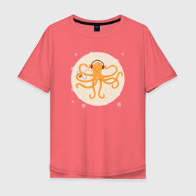 Мужская футболка хлопок Oversize с принтом Осьминог в наушниках в Санкт-Петербурге, 100% хлопок | свободный крой, круглый ворот, “спинка” длиннее передней части | king | kraken | octopus | корона | кракен | море | морские | морское | наушниках | осьминог | щупальца