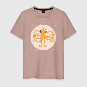 Мужская футболка хлопок с принтом Осьминог в наушниках в Санкт-Петербурге, 100% хлопок | прямой крой, круглый вырез горловины, длина до линии бедер, слегка спущенное плечо. | king | kraken | octopus | корона | кракен | море | морские | морское | наушниках | осьминог | щупальца