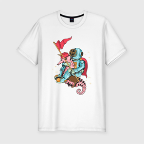 Мужская футболка хлопок Slim с принтом Космонавт на морском коньке в Курске, 92% хлопок, 8% лайкра | приталенный силуэт, круглый вырез ворота, длина до линии бедра, короткий рукав | астронавт | живность | космонавт | море | морские | морской конек | флаг