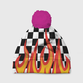 Шапка 3D c помпоном с принтом ОГОНЬ УЗОР PATTERN в Тюмени, 100% полиэстер | универсальный размер, печать по всей поверхности изделия | fire | pattern | искры | огонь | пламя | пожар. | текстура огня | узор | шахматы