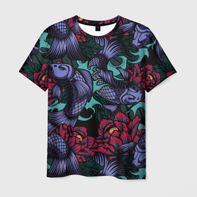 Мужская футболка 3D с принтом Японские карпы , 100% полиэфир | прямой крой, круглый вырез горловины, длина до линии бедер | fish | water | вода | карп | карпы | кои | море | морское | рыба | цветы | японские