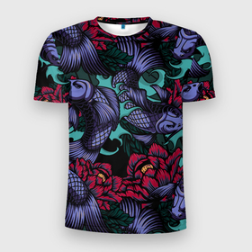 Мужская футболка 3D Slim с принтом Японские карпы в Новосибирске, 100% полиэстер с улучшенными характеристиками | приталенный силуэт, круглая горловина, широкие плечи, сужается к линии бедра | fish | water | вода | карп | карпы | кои | море | морское | рыба | цветы | японские