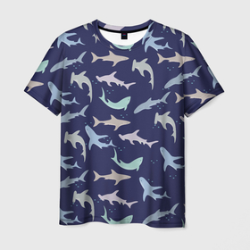 Мужская футболка 3D с принтом Акулы разные в Кировске, 100% полиэфир | прямой крой, круглый вырез горловины, длина до линии бедер | Тематика изображения на принте: shark | акула | акула молот | акулы | жители | клыки | море | морские | океан | рыба