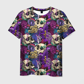 Мужская футболка 3D с принтом Психоделика   черепа и грибы в Курске, 100% полиэфир | прямой крой, круглый вырез горловины, длина до линии бедер | абстракция | грибы | паттерн | психоделика | текстуры | цветы | череп | черепа