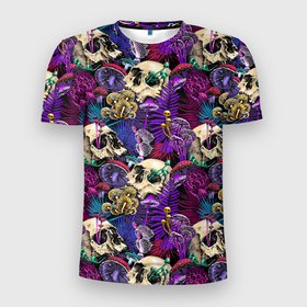 Мужская футболка 3D спортивная с принтом Психоделика - черепа и грибы в Петрозаводске, 100% полиэстер с улучшенными характеристиками | приталенный силуэт, круглая горловина, широкие плечи, сужается к линии бедра | абстракция | грибы | паттерн | психоделика | текстуры | цветы | череп | черепа